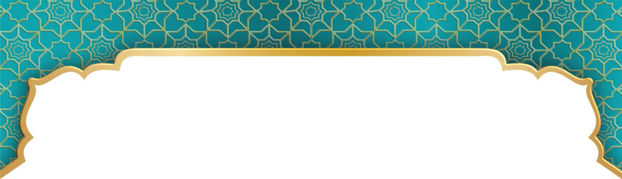 Elegant Turquoise Gold Geometric Arch Frame Background. Ornate Islamic pattern banner with white copy space.