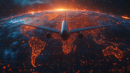 Aerial view of a plane flying over a vibrant illuminated globe at sunset, representing global travel and connectivity.