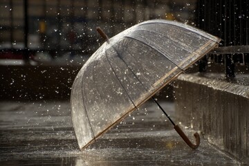 Transparent umbrella catches heavy rain while splashes dance around on a city sidewalk during a wet afternoon