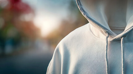 Close-up of a person wearing a casual hoodie, showcasing comfort and style in a blurred outdoor urban setting.