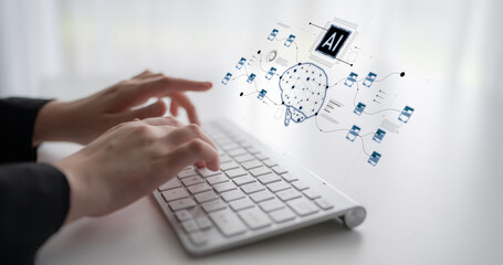 AI neural network and data processing system visualizing artificial intelligence with brain structure, chip, and connected data blocks for computation and learning Latch