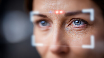 Close-up of a woman's face with eye scanning technology highlighting her eyes, symbolizing innovation in security and identification.