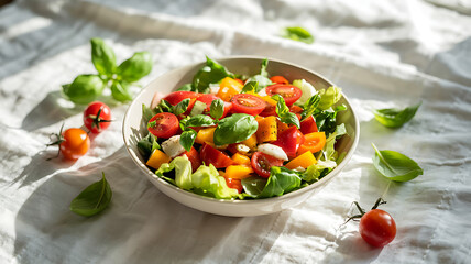 Fresh gourmet salad with red cherry tomatoes, white feta cheese, and green vegetables served on a plate as a healthy vegetarian meal or appetizer