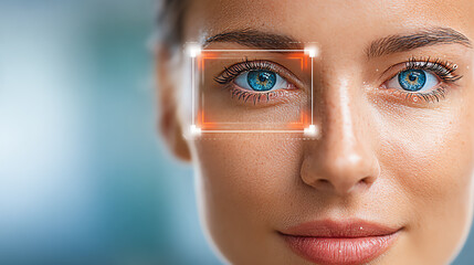 Close-up of a young woman with striking blue eyes, showcasing facial recognition technology with a digital overlay.