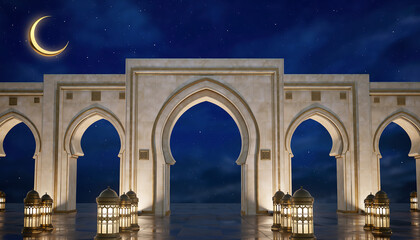 Obraz premium A luminous display of traditional arches and glowing lanterns under a crescent moon, evoking the peaceful beauty of a spiritual night celebration and cultural heritage