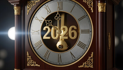 An ancient 2026  midnight wall clock with an aged gold face and vintage Roman numerals displays the passing hours and minutes on a retro antique dial
