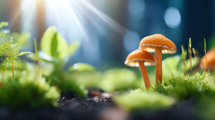 Close-up of vibrant orange mushrooms growing amidst lush green moss, illuminated by soft sunlight filtering through the forest.
