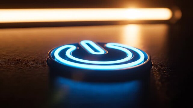 A close-up view of a sleek power button glows with a vivid blue outline against a dark background. The power button emits a soft light, symbolizing readiness and modern technology.
