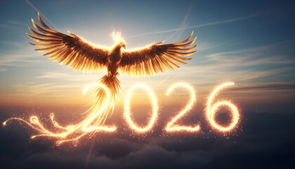 Happy New Year 2026 celebration illustration featuring a glowing neon sign and a hot orange flame burning in the night sky as a heart shaped candle symbol and light design on black background