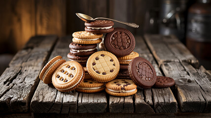 A delicious still life of roasted coffee beans and cinnamon sticks on a rustic wooden background with sweet chocolate cocoa and tasty baked pastry snacks for a healthy breakfast