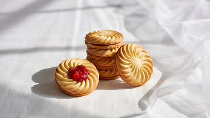 A closeup of delicious homemade chocolate chip cookies served on a white plate, creating a tasty sweet snack and baked dessert from the local bakery