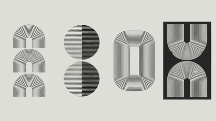 Modern geometric shapes with striped patterns in black and white