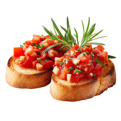 Delicious bruschetta topped with fresh tomatoes and herbs on toasted bread, isolated on a white background.