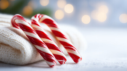 Delicious candy canes resting on a soft knit blanket, perfect for holiday festive decor and sweet treats.