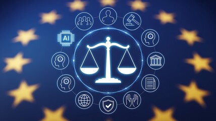 the image depicts a central scale of justice surrounded by icons representing european union law and digital regulation with stars