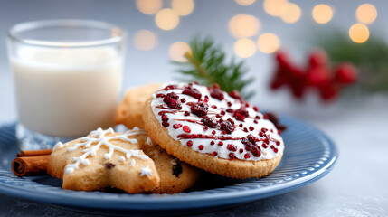 Delicious Christmas cookies on a blue plate with milk, adorned with festive decorations and a warm, inviting atmosphere.