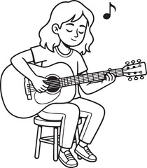 Bold line drawing girl playing acoustic guitar music hobby illustration on white background