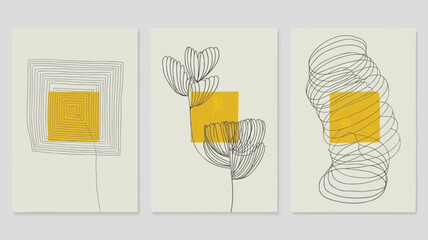 Modern art triptych with abstract floral designs and gold accents