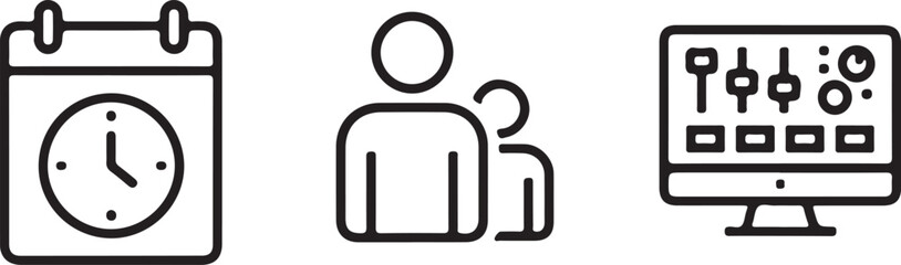 Bold line drawing business icons calendar clock people computer control panel on white background