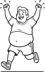Bold line drawing happy oversize man running cheering body positivity concept on white background