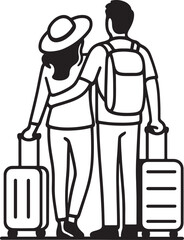 Bold line drawing traveling couple standing with baggage luggage tourism concept on white background