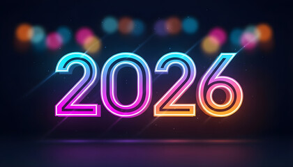 A vibrant 3d neon sign illustration celebrates the happy new year eve holiday with glowing light numbers and festive party text for a night celebration concept art 2026 