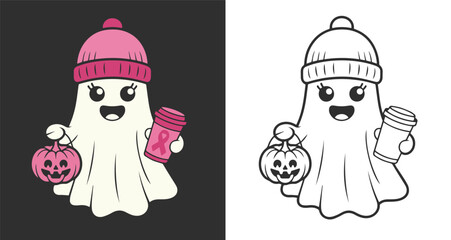 Cute ghost wearing pink hat and holding pumpkin bucket with coffee. Breast cancer awareness