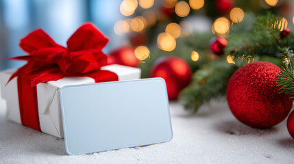 Festive gift box with a blank tag, surrounded by Christmas ornaments and greenery, perfect for holiday celebrations and gifting.
