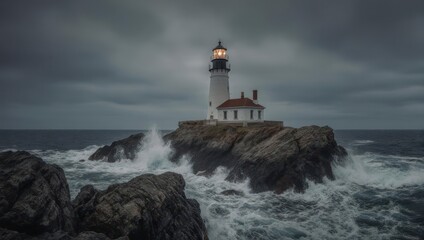 Obraz premium Dramatic Lighthouse Scene - Waves Crashing Against Rocky Coastline Under Stormy Skies.