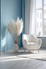 Elegant white chair and fluffy floral arrangement in bright modern interior