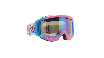 Vibrant pink and blue ski goggles featuring mirrored lens and colorful retro strap on transparent background