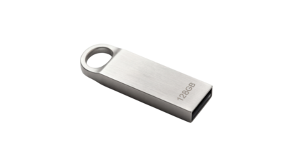 Sleek metal 128GB USB flash drive with keyring loop for portable storage on transparent background