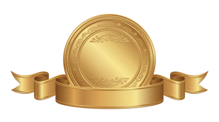 Luxurious shiny gold award medal design featuring ornate engraved details and flowing ribbon on transparent background