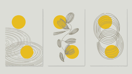 Modern minimalist art with yellow circles and leaves