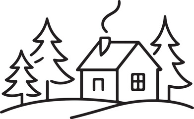 Christmas decoration winter country landscape with small house and spruce trees elegant illustration