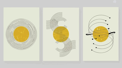 Modern abstract art with yellow circles and black lines on beige background