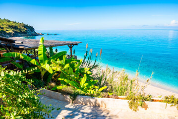 Green banana plants and coastal bar on Avali beach, Lefkada island, Greece