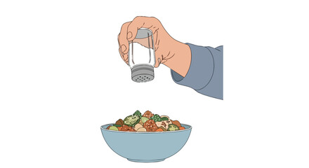 Enhancing culinary flavors with precise seasoning a hand shaking a modern salt dispenser over a vibrant bowl of wholesome ingredients for a