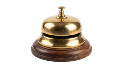 Classic polished brass service bell resting on a dark walnut wooden base on transparent background