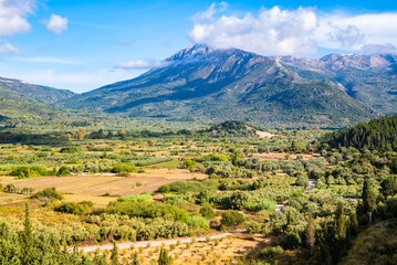 View of olive fields and mountains near Vassiliki village, Lefkada island, Greece