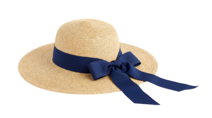 Elegant wide-brim straw sun hat featuring a contrasting navy blue ribbon bow on transparent background