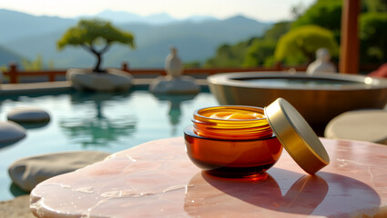 Jar of skincare cream on marble table by outdoor pool with mountains