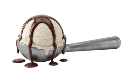 Delicious scoop of creamy vanilla ice cream generously drizzled with rich dark chocolate on transparent background