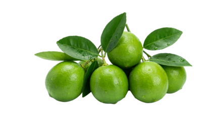 Fresh cluster of vibrant green limes with attached wet leaves on transparent background