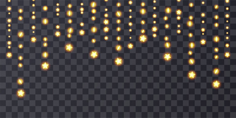 Fairy garland hanging strings. Light bulbs curtain, star festoon header. Christmas decoration png, holiday lamp ball, gold glitter festive pattern. 3d wire wedding ornament, warm bokeh lightbulb frame