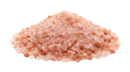 Coarse pink Himalayan rock salt crystals piled high ready for culinary use on transparent background