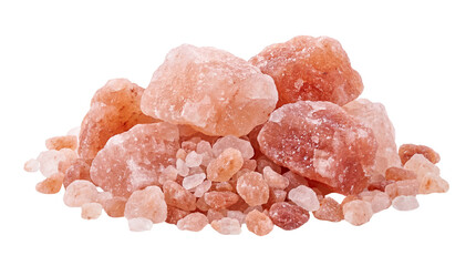Pile of coarse pink Himalayan rock salt crystals and large chunks on transparent background