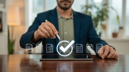 a professional man in a suit gestures towards a digital tablet displaying checklist icons with a prominent checkmark suggesting completion