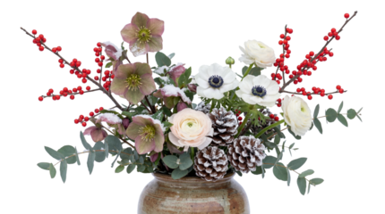 Stunning winter floral arrangement featuring hellebores, white anemones, and frosted pinecones on transparent background