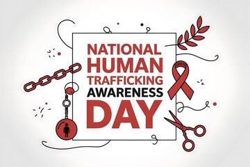 national human trafficking awareness day illustration with a red ribbon broken chains scissors and a silhouetted figure promoting advocacy and support